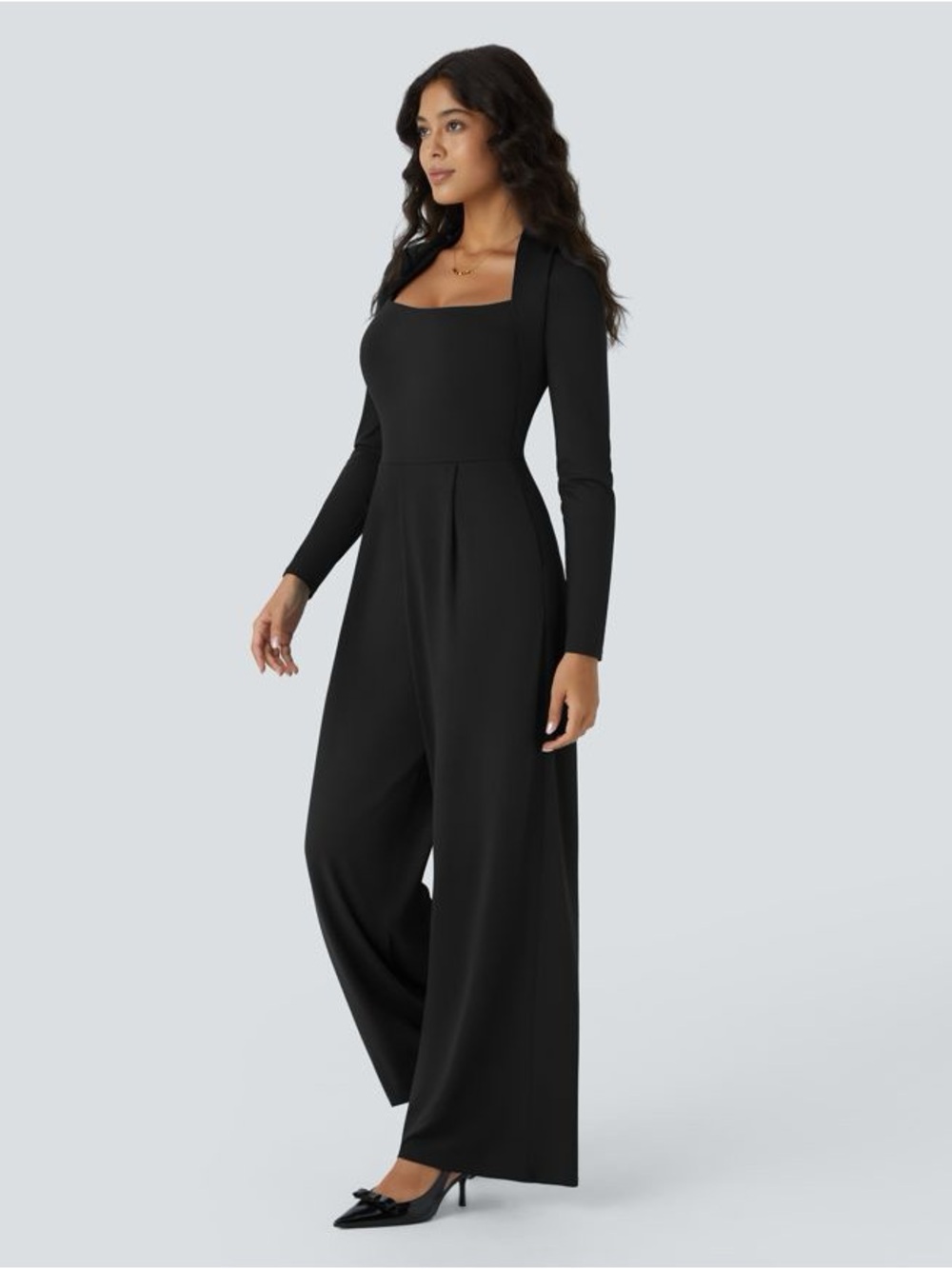 HALARA Black Square-Neck Long-Sleeve Wide-Leg Jumpsuit
